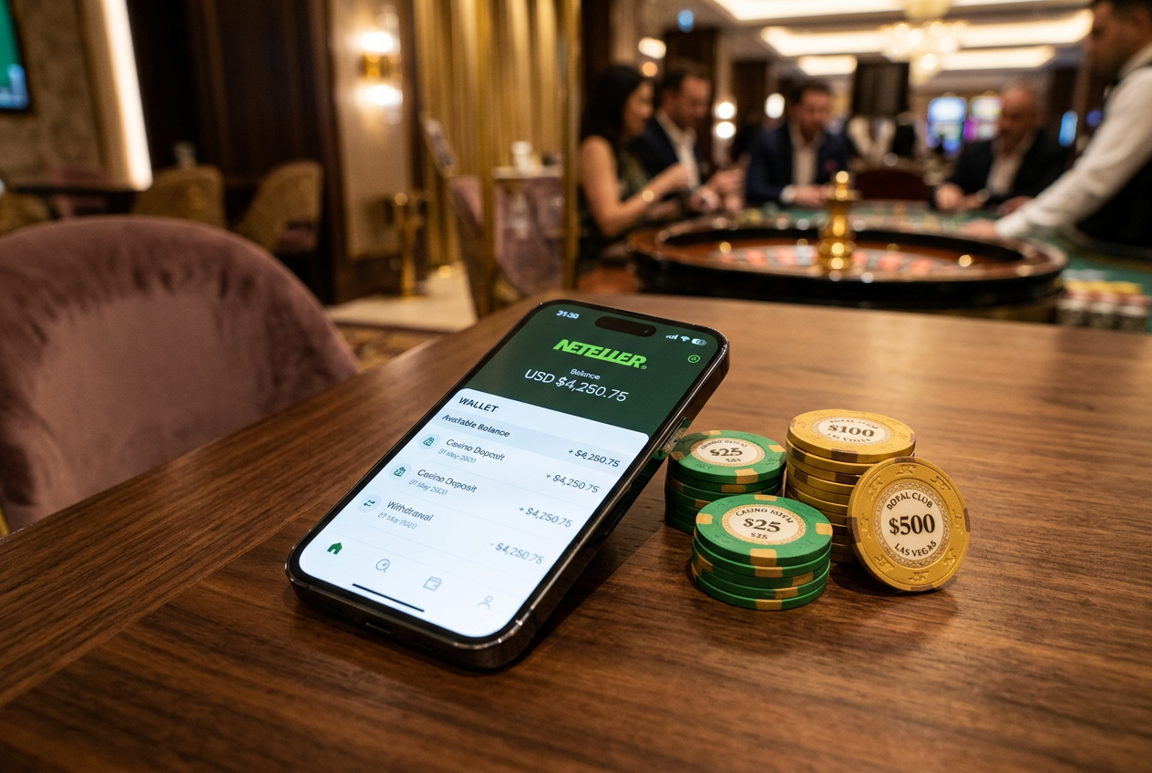 Ψηφιακό πορτοφόλι Neteller σε smartphone δίπλα σε μάρκες καζίνο